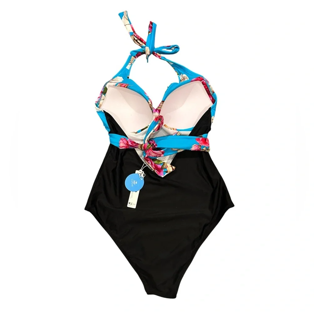CUPSHE Halter Tie Floral Blue Black One Piece Swimsuit M